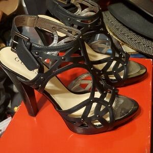 Guess Black Leather Stiletto Heels with Strappy Design